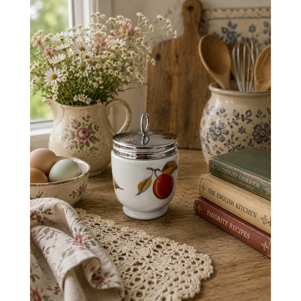 Royal Worcester Evesham Fruit Porcelain Egg Coddler with Chrome Lid England